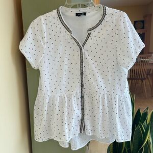 Roolee White Peplum Button Blouse w/ Black Design and Ribbon Detail Size Large